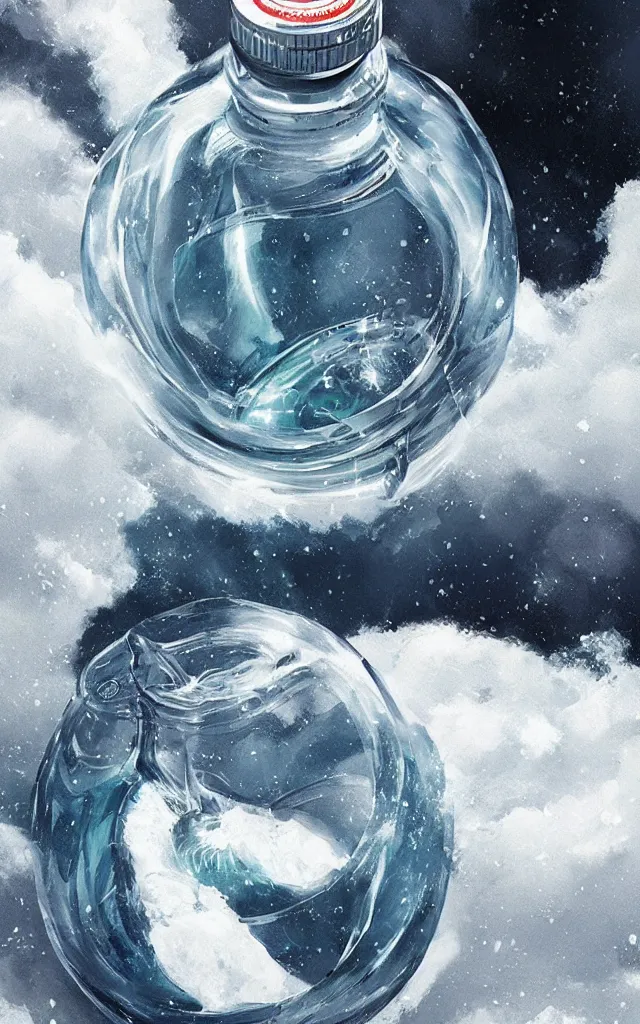 Prompt: the north face round transparent bottle fully filled with dense white liquid, concept art, matte, sharp focus, illustration, art by aenaluck, artgerm