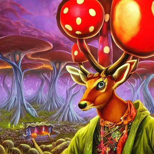 Prompt: 4 k headshot portrait of a psychedelic demonic anthropomorphic deer with mushroom themed clothes, magic mushroom village in background by jeff easley, award winning, stylized neon, post - processing, masterpiece, superb resolution. in the art style of junji ito and greg rutkowski. detailed mushroom city in background. hyper realistic anime. perfect art. dalle 2