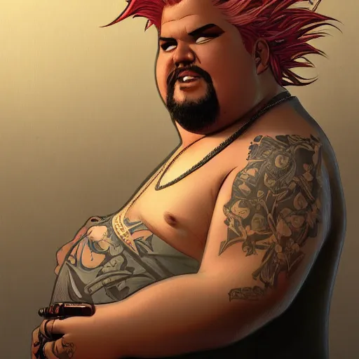 Image similar to Obese Guy Fieri, fantasy, intricate, elegant, highly detailed, digital painting, artstation, concept art, matte, sharp focus, illustration, art by Artgerm and Greg Rutkowski and Alphonse Mucha