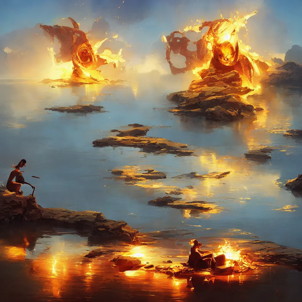 Image similar to lake, gold molten, by greg rutkowski, by rhads, by jesper ejsing