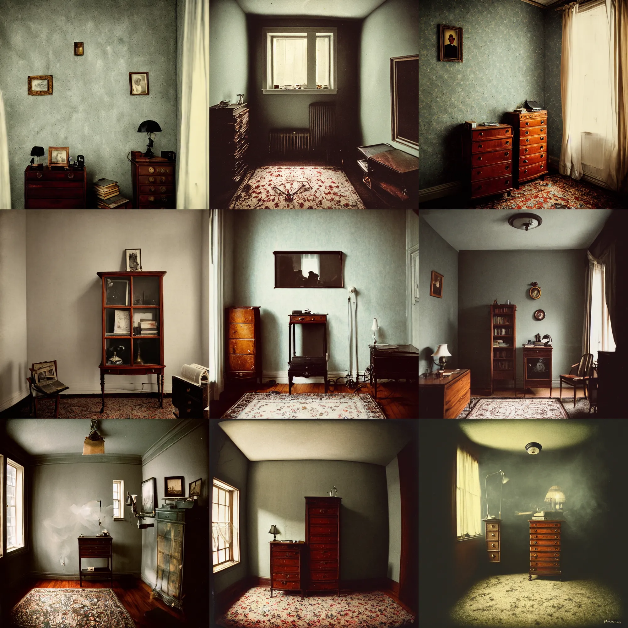 Prompt: kodak portra 4 0 0, wetplate, 8 mm extreme fisheye, award - winning portrait by britt marling, 1 9 2 0 s room, ghost, picture frames, shining lamps, dust, smoke, 1 9 2 0 s furniture, wallpaper, carpet, books, muted colours, wood, fog,