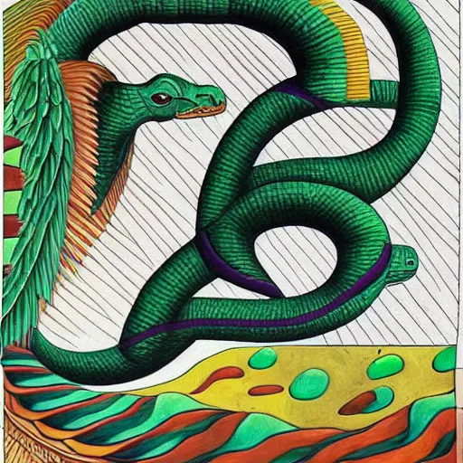 Prompt: a quetzalcoatl paint by escher