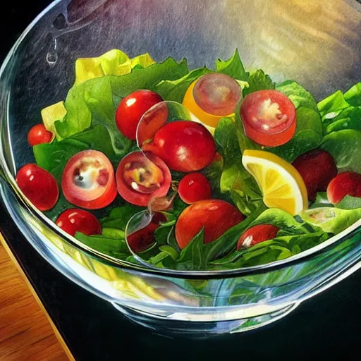 Image similar to close up of large clear salad bowl on kitchen bench. Its full of water with many slices of lemon floating in it. 4K award winning photorealistic concept art. smooth, sharp focus, illustration, art by artgerm and moebius and alphonse mucha 3/4 view.