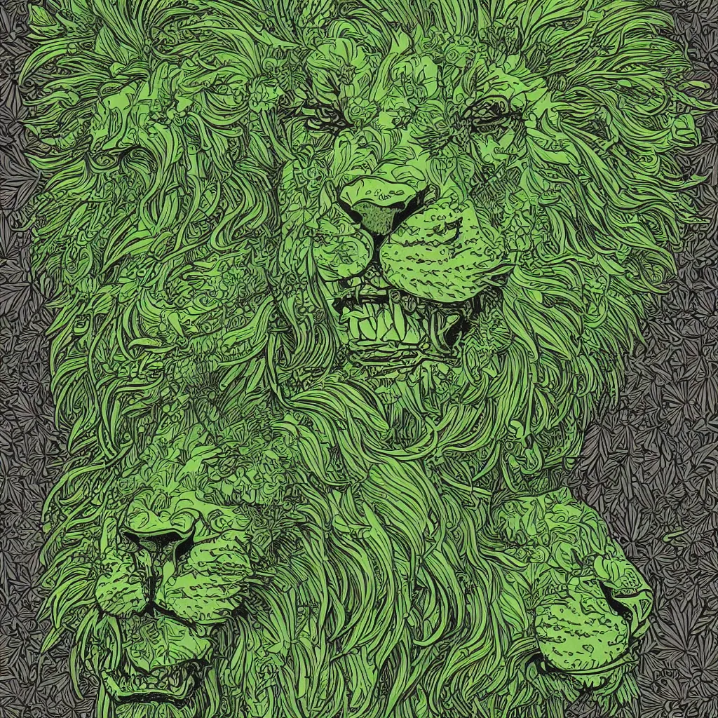 Prompt: a green lion made of weed Intricate ultradetailed illustration by Dan Mumford,trending on artstation