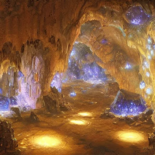 Prompt: a cave with huge glowing crystals in the walls, art by donato giancola and greg rutkowski