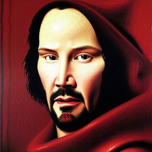 Image similar to portrait of keanu reeves, oil painting by jan van eyck, northern renaissance art, oil on canvas, wet - on - wet technique, realistic, expressive emotions, intricate textures, illusionistic detail