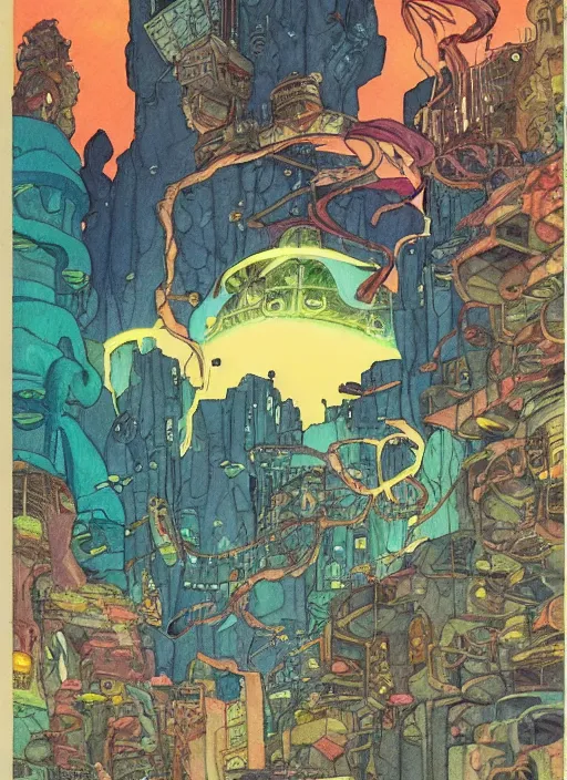 Prompt: 70s vintage anime comic book watercolor by Studio Ghibli and by James Jean, giant underwater city amongst cliffs at night by Jeffery Smith by Mati Klarwein, underwater Atlantean city landscape lights up the dark sea with bold colors, a surreal magical aura surrounds this hidden city lighting up the darkness