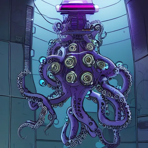 Image similar to robotic Octopus in an airlock, Industrial Scifi, detailed illustration, character portrait, by Martin Grip and Moebius