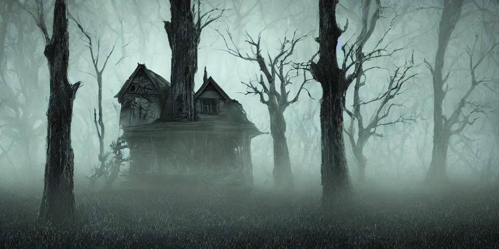 Prompt: fun strange darkness house, inspired by Tim Burton, (by Tim Burton) dark forest background dead tree, mist, fog, volumetric lighting