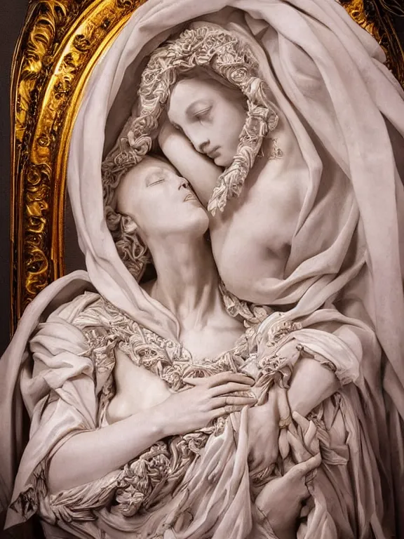 Image similar to a beautiful render of baroque catholic veiled sculpture, the red queen pieta the white queen, with symmetry intricate detailed,by LEdmund Leighton, peter gric,aaron horkey,Billelis,trending on pinterest,hyperreal,jewelry,gold,intricate,maximalist,glittering,golden ratio,cinematic lighting