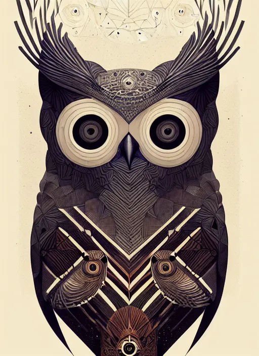 Image similar to portrait of a geometric owl, identical eyes, medium shot, illustration, full body made of white feathers, symmetrical, art stand, super detailed, cinematic lighting, and its detailed and intricate, gorgeous, by peter mohrbacher