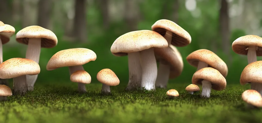 Image similar to 3 d study of a bunch of mushrooms in the forest, photorealistic, detailed, octane