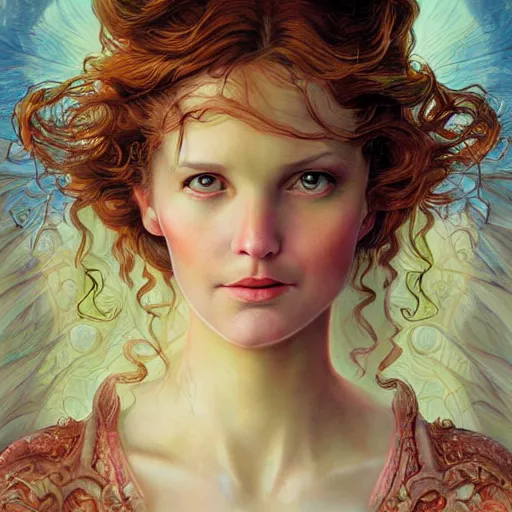 Image similar to realistic detailed face portrait of heaven by emilia dziubak, will terry, greg olsen, chris mars, ann long, and mark brooks, fairytale, female, feminine, art nouveau, illustration, character concept design, storybook layout, story board format