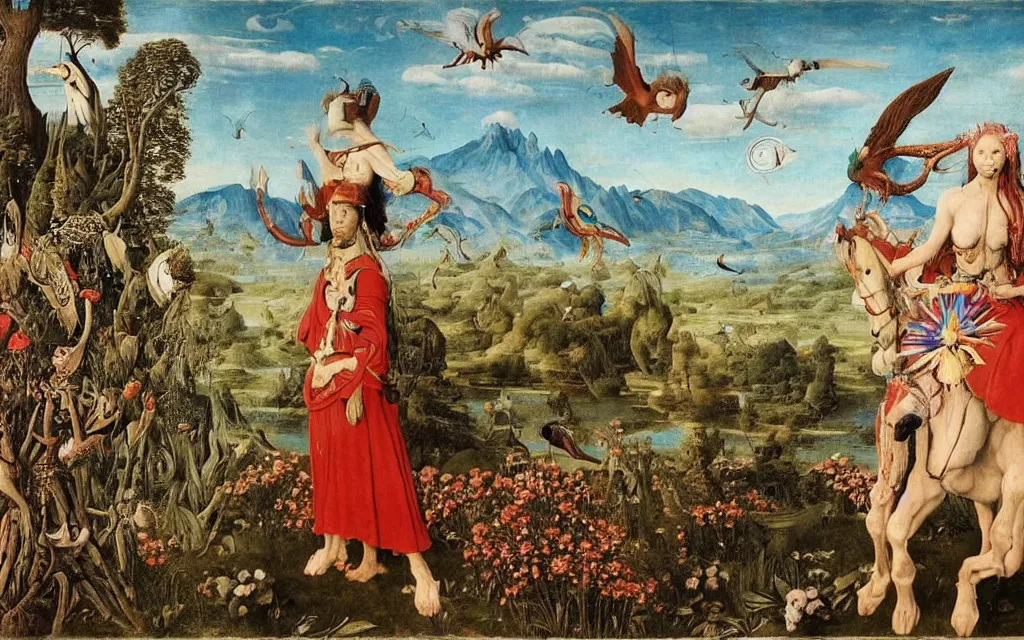 Image similar to a portrait photograph of a meditating harpy and a centaur king riding eagles and hugging animals at a river delta. surrounded by bulbous flowers, animals and trees. mountains range under a blue sky of burning stars. painted by jan van eyck, max ernst, ernst haeckel and ernst fuchs, cgsociety, artstation, fashion editorial, 8 k