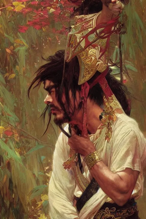 Prompt: attractive man, wuxia, colorful, painting by gaston bussiere, craig mullins, greg rutkowski, alphonse mucha