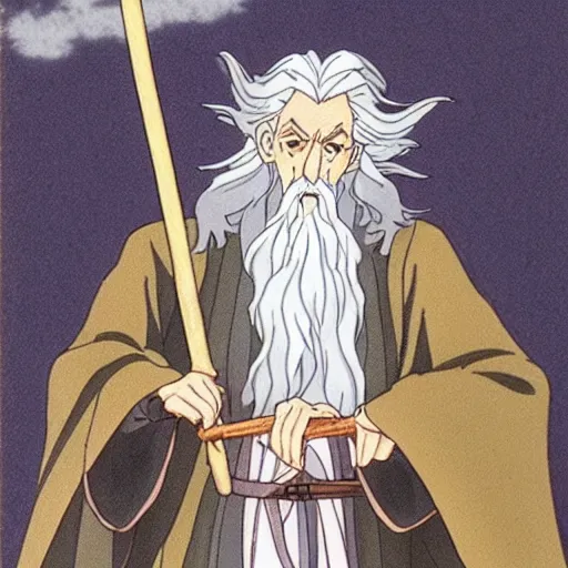 Image similar to gandalf from the anime lord of the rings (1986), holding a wooden staff, studio ghibli, very detailed, realistic