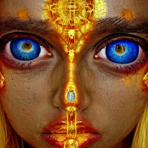 Prompt: three eyed goddesses, third eye middle of forehead, wide wide shot, very hairy bodies, vivid colors, eye in forehead, beautiful lighting, detailed photograph