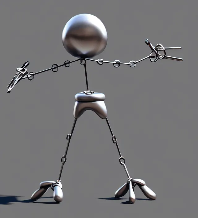 Image similar to 3 d studio render simplistic!!! minimalistic!!!! character concept for a cartoon metal character with a round metal head, a body made of metal poles, arms made of scissor crane arms, metal gloves. flexible!!!!! trending on artstation, octane render, unreal engine 5 render