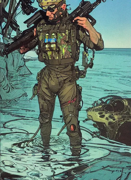 Prompt: Hector. USN blackops operator emerging from water at the shoreline. Agent wearing Futuristic wetsuit and looking at an abandoned shipyard. rb6s, MGS, and splinter cell Concept art by James Gurney, Alphonso Mucha. Vivid color scheme.