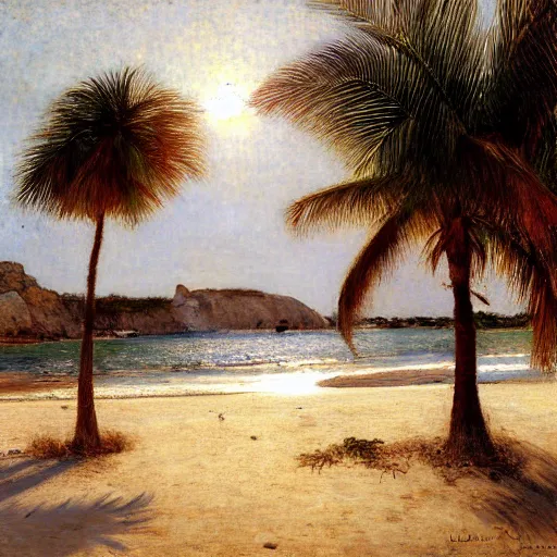 Image similar to a ultradetailed beautiful painting of jericoacoara by jules bastien - lepage, hans belmer, frank weston and gustave baumann, trending on artstation, mediterranean, palm trees, light sparkles, sharp focus, soft light