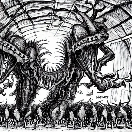 Prompt: a monstrously huge evil insectoid monster eating the flesh of a thousand pigs, inside a vast tunnel, stetching as far as the eye can see,