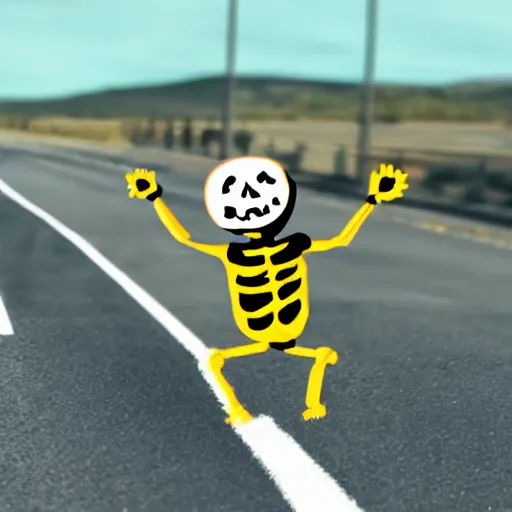 Prompt: youtube video thumbnail of skeleton dancing in the middle of the road