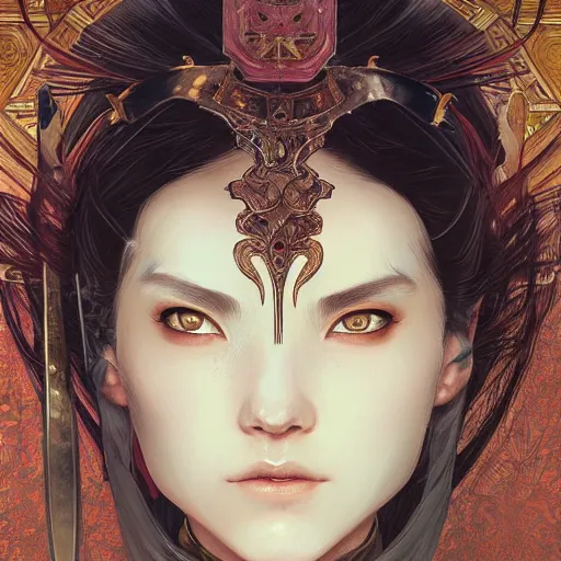 Image similar to Portrait of a female knight, japanese face features, dark fantasy, intricate, elegant, highly detailed, digital painting, artstation, concept art, smooth, sharp focus, illustration, art by Sam Youn and Fernanda Suarez and Artem Demura and alphonse mucha