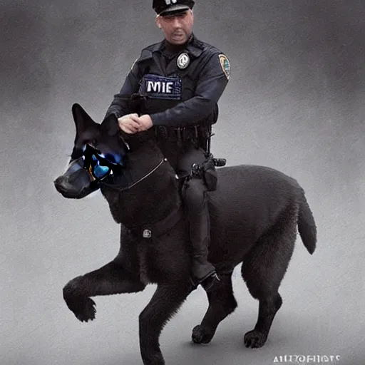 Image similar to police officer riding a giant German shepherd in the city, trending on artstation