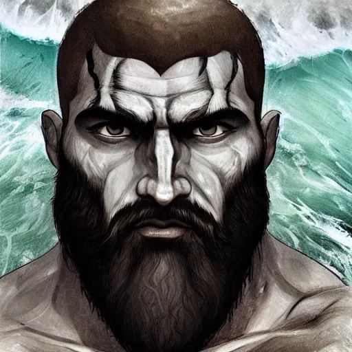 Prompt: painted portrait of rugged godly man in the ocean, god of war, black hair, masculine, powerful, handsome, upper body, white robe, muscular, extremely hairy torso!, fantasy, intricate, scar across eye, highly detailed!!, digital painting!, artstation, concept art, smooth, sharp focus!!!, illustration, art by leonardo da vinci