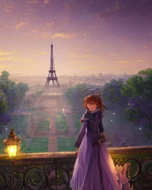 Image similar to over the shoulder landscape painting of violet evergarden, behind are distant lights from paris, eiffel tower, next to the reflecting ocean, nighttime, by vladimir volegov and Philipp A. Urlich and Pengzhen Zhang and Andreas Rocha, fantasy, intricate, elegant, highly detailed, digital painting, artstation, blender, unreal engine 5, octane render, smooth, sharp focus, illustration