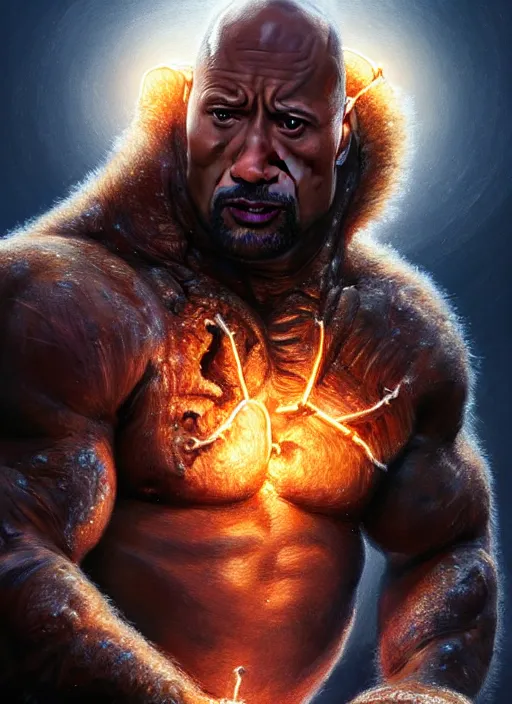 Prompt: dwayne johnson as the thing, body - horror, intricate, elegant, glowing lights, highly detailed, digital painting, artstation, glamor pose, concept art, smooth, sharp focus, illustration, art by artgerm and greg rutkowski, artey freytag