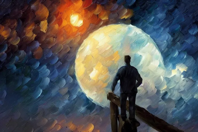 Prompt: a closeup oil painting of a man staring at the moon, ultra realistic, true life, 8 k, masterpiece, cinematic, by leonid afremov, frank frazetta, greg rutkowski, christian macnevin, beeple, wlop, krenz cushart, epic character art, volumetric lighting, dark blue night