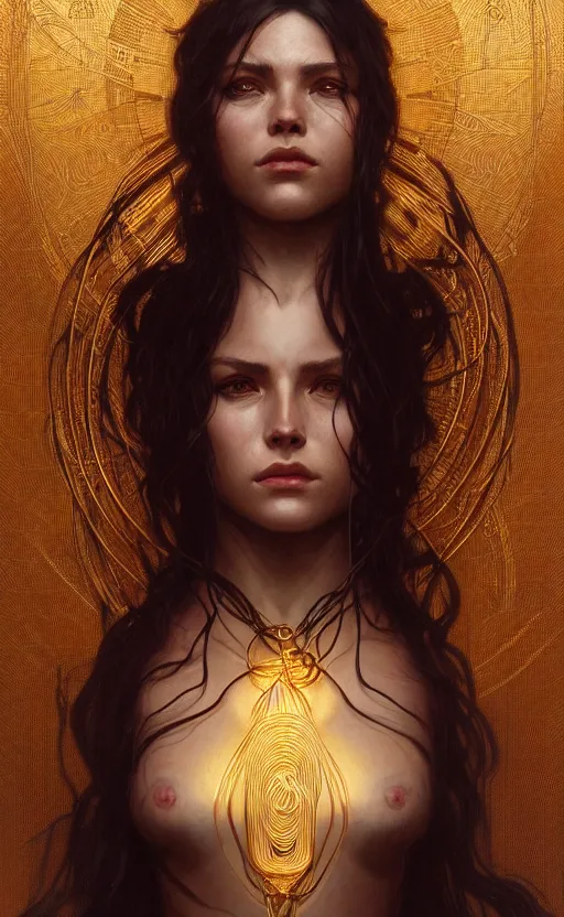 Image similar to portrait of a dark goddess, gold wires, visible veins, intricate, headshot, highly detailed, digital painting, artstation, concept art, sharp focus, cinematic lighting, illustration, art by artgerm and greg rutkowski, alphonse mucha, cgsociety