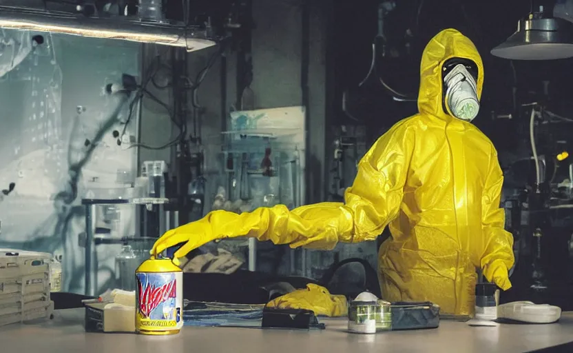 Prompt: a person in a yellow hazmat suit handling a glowing can of mountain dew with oversized gloves in a dark laboratory, hazy atmosphere, sharp focus, moody lighting, imax, dystopian, by simon stalenhag