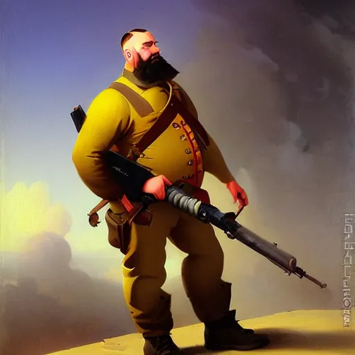 Image similar to painted portrait of tf 2 heavy weapons guy, by ivan aivazovsky