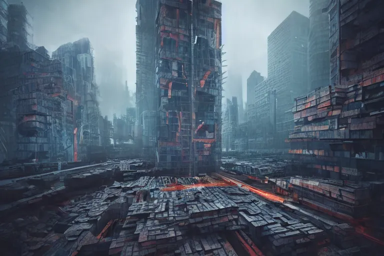 Image similar to A dystopian future in a city made of life-size Jenga blocks, evil, demonic, angelic, environment concept, Rendered in Octane, trending on artstation, cgsociety, moody lighting rendered by octane engine, environment 8K artstation, cinematic lighting, intricate details, 4k detail post processing, hyperealistic, octane render, photo realism