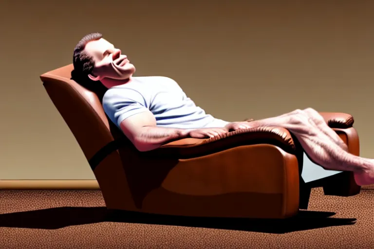 Prompt: an animated caucasian man relaxing on a brown reclined leather chair