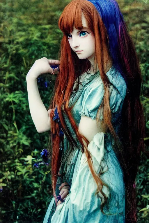 Image similar to pre-raphaelite cute anime girl with dark rainbow, blurred detail, photo by Annie Leibovitz, Katsuya Terada