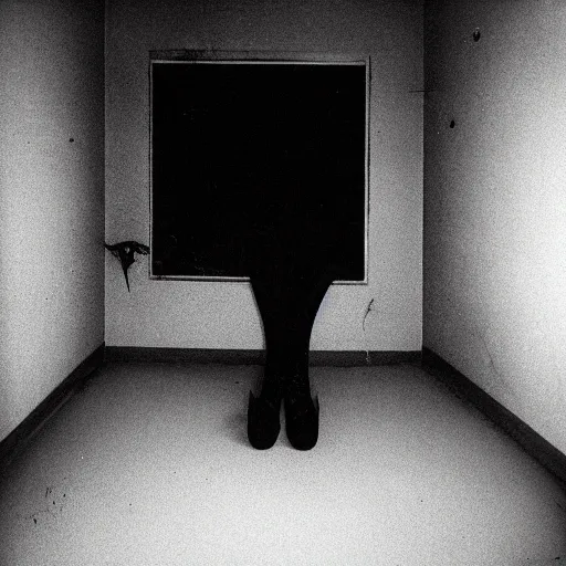 Prompt: Photograph of an old black room with a mannequin, dust in the air, brown wood cabinets, SCP, taken using a film camera with 35mm expired film, bright camera flash enabled, award winning photograph, sleep paralysis demon crabwalking towards camera, creepy, liminal space, in the style of the movie Pulse