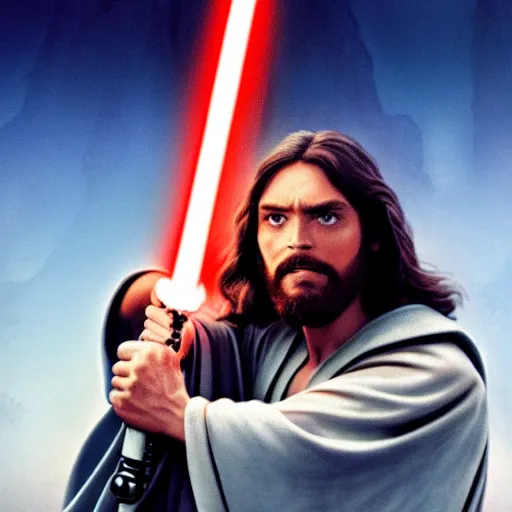 Image similar to jesus christ holding a lightsaber in star wars, 4 k, high resolution, still, landscape, hd, dslr, hyper realistic