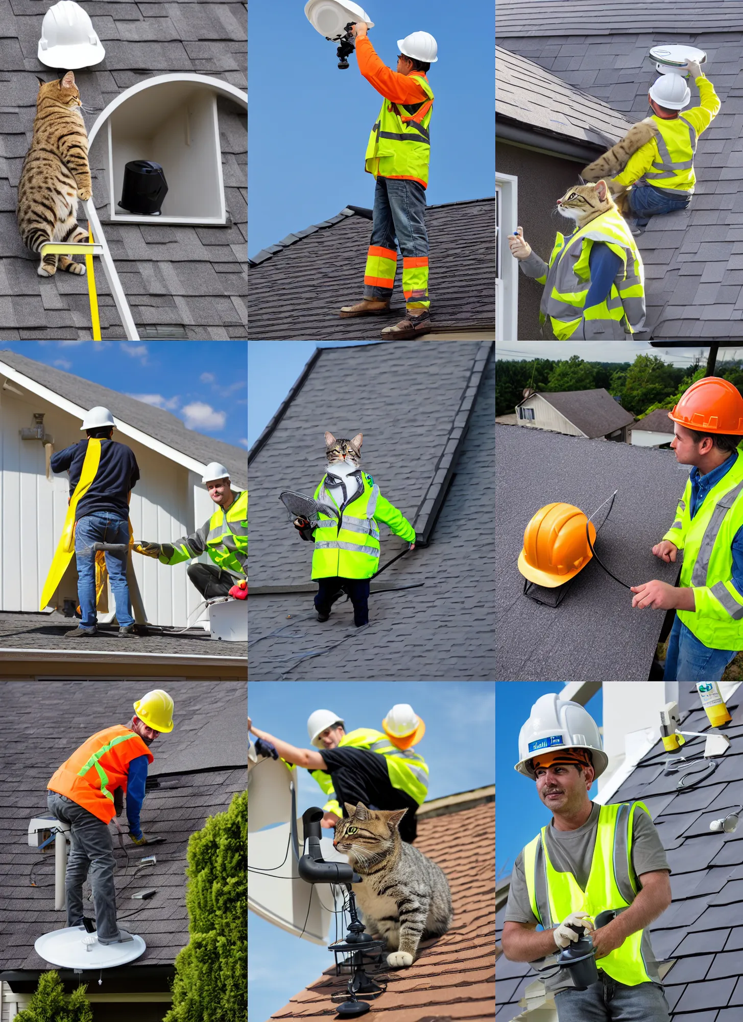 Prompt: Anthropomorphic Cat in a high-viz vest and hard hat, installing a wireless dish antenna on the roof of a house. f/22, 35mm, 2700K lighting, award winning photography.