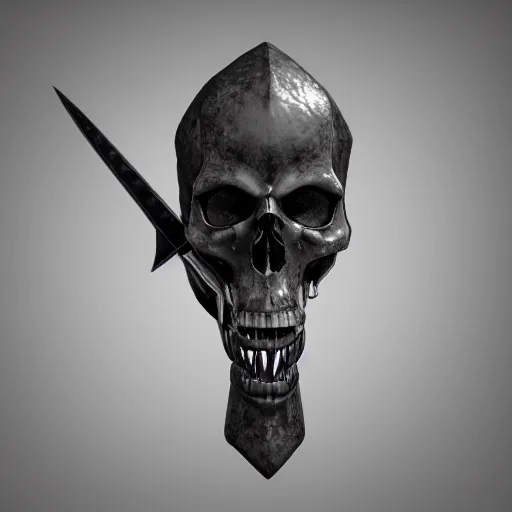 Image similar to a black sword skull, ornament, on a gray background, a 3 d render by dom qwek, studio lighting, raytracing, trending on polycount, futurism, hard surface modeling, rendered in maya, 3 ss max, blender, artstation hd