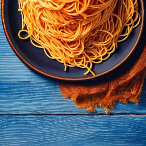 Image similar to highly detailed illustration of a plate of spaghetti on top of a blue and wooden table