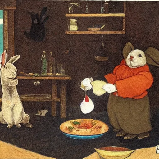 Prompt: a rabbit is cooking dinner for an alpaca in the style of gifford beal