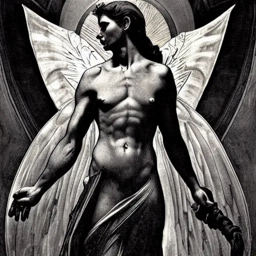 Image similar to godlike awe-inspiring Lucifer portrait, standing tall invincible, stunning, breathtaking, award-winning, groundbreaking, concept art, nouveau art, Dark Fantasy mixed with Socialist Realism, by Michelangelo, Caravaggio, Alphonse Mucha, Michael Whelan, William Adolphe Bouguereau, John Williams Waterhouse, and Donato Giancola, extremely moody lighting, glowing light and shadow, atmospheric, fine art, trending, featured, 8k, photorealistic, complex, intricate, 3-point perspective, hyper detailed, unreal engine 5, IMAX quality, cinematic, symmetrical, high resolution, 3D, PBR, path tracing, volumetric lighting, octane render, arnold render