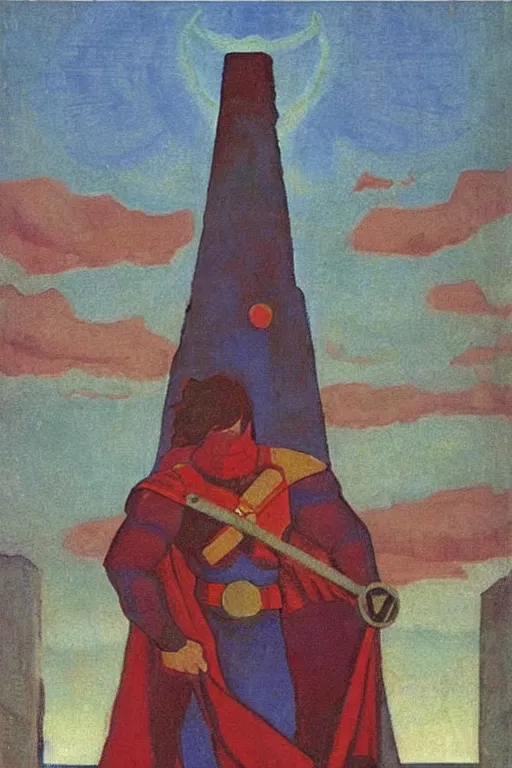 Image similar to thor with mjollnir, marvel, artwork by nicholas roerich,
