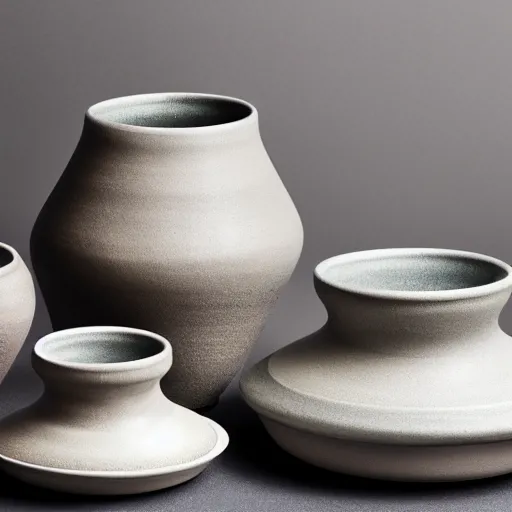Prompt: a studio photo of new pottery by Florian Gadsby, shot for pottery magazine, canon C300, high resolution, 1.4, 50mm, bokeh, product photography, highly detailed, sharp focus, HDR