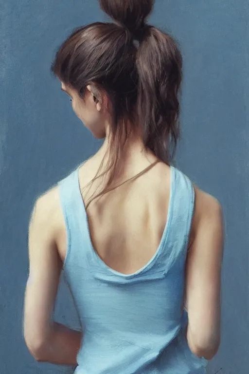 Image similar to girl with messy ponytail hairstyle, back view, blue camisole, shoulder tattoo, jeremy lipking, joseph todorovitch