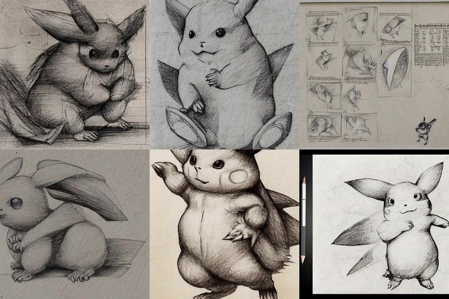 Prompt: leonardo da vinci intricate full page scan of study sheet of drawings of pikachu animal, on grey paper sketch ink style, detailed