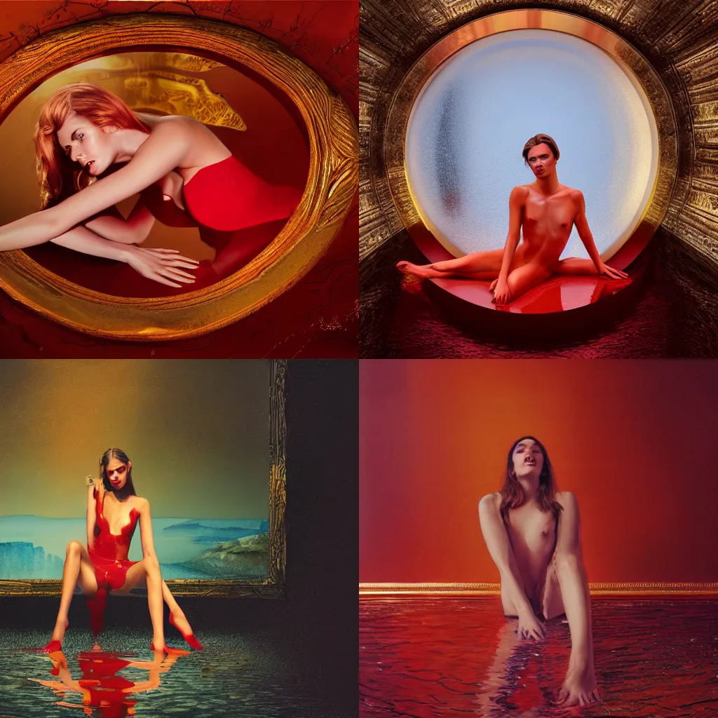 Prompt: British model Josie Lane with beautiful face and full body laying in a blood red pool of water between a bright golden glowing mirror frame, outside is space and inside the mirror frame is a beautiful landscape. Hyperrealistic surreal 4K IMAX Rene Margritte intricate, elegant, highly detailed, digital painting, artstation, concept art, smooth, sharp focus, illustration, art by artgerm, Francis bacon, HR Giger and greg rutkowski and alphonse mucha